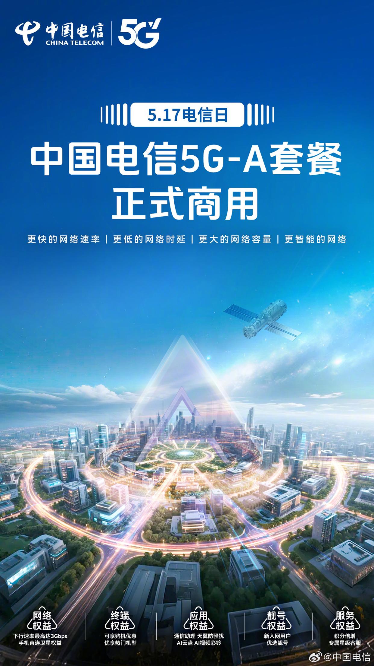 中国电信5G-A套餐5月17日商用：提供更快的数据传输速度、更低的时延及更大的数据容量